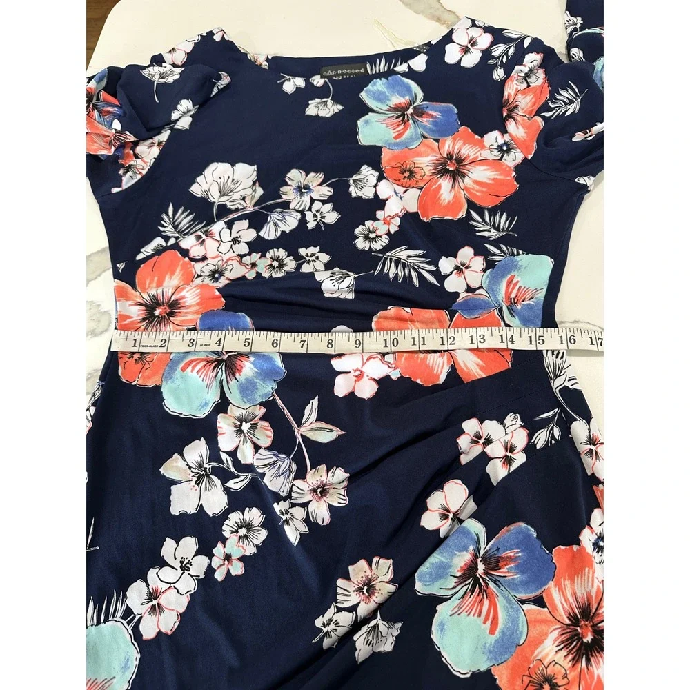 Connected Apparel Floral Bell Sleeve Faux Wrap Sheath‎ Dress Navy Coral 14